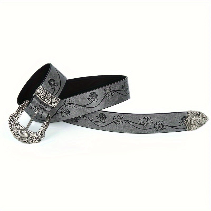 Western Cowboy Belt, Carved Large Square Flower Buckle Belt, Men's Punk PU Leather Street Belt