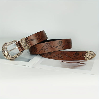 Western Cowboy Belt, Carved Large Square Flower Buckle Belt, Men's Punk PU Leather Street Belt