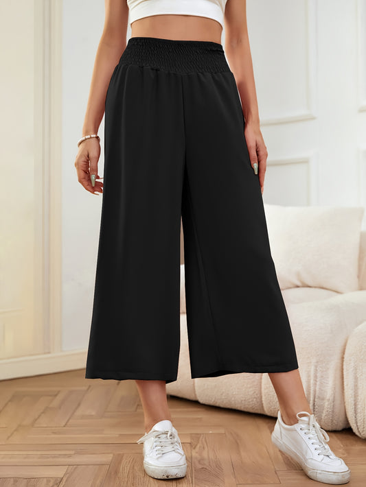 Solid High Waist Pants, Elegant Wide Leg Pants For Spring & Summer