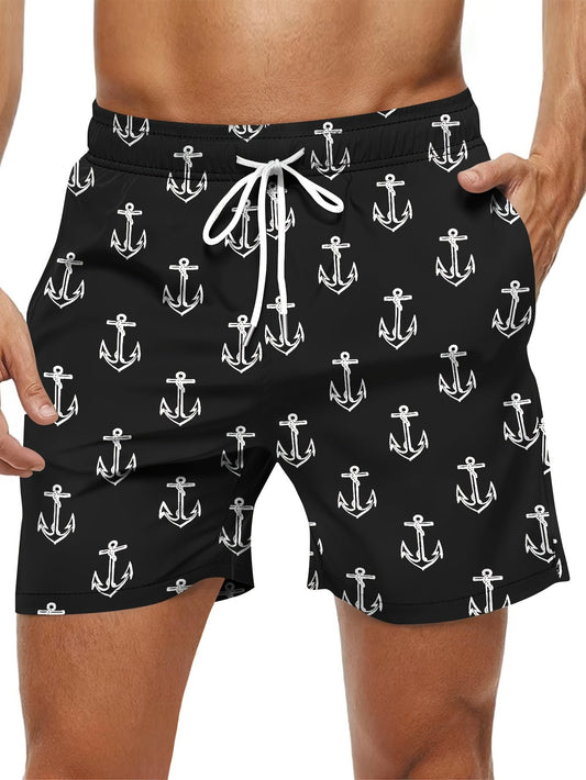 Men's Trendy Hawaiian Graphic Shorts With Drawstring And Fancy Anchor Print, Quick Dry Swim Trunks For Summer Beach, Pool And Resort