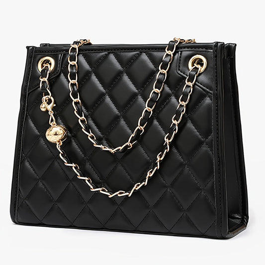 Luxury Quilted Faux Leather Tote Bag For Women With Adjustable Chain Strap, Classic Crossbody Handbag For Daily Outfits