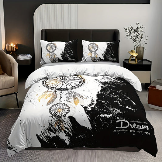 Duvet Cover Set, Black And White Dreamcatcher Print Bedding Set, Soft Comfortable Duvet Cover