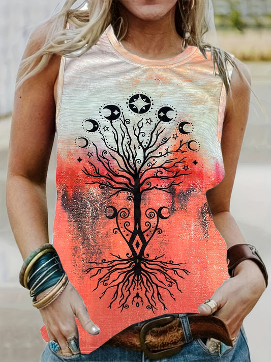 Moon & Tree Print Tank Top, Casual Sleeveless Top For Spring & Summer, Women's Clothing