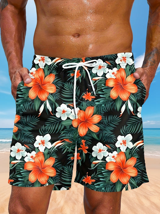 Men's Floral Graphic Print Shorts With Pockets, Casual Drawstring Shorts For Beach Summer Holiday Swimming Surfing