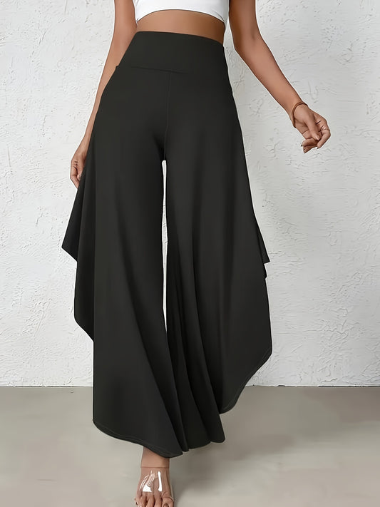 Asymmetric Hem Wide Leg Pants, Casual Solid High Waist Ruffle Trim Loose Pants