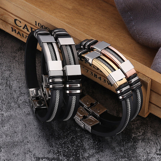 Fashion Stainless Steel Bangle Men's Hip Hop Silicone Bracelet