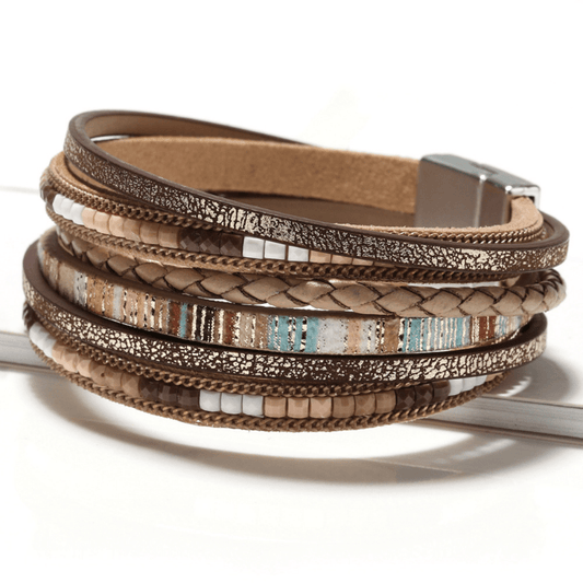 1pc Multi Layers PU Leather Bracelet Boho Style Hand Jewelry Decoration With Magnetic Buckle