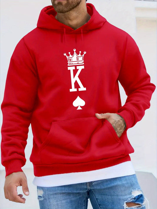 Crown K Print Men's Pullover Round Neck Long Sleeve HOODED Sweatshirt Pattern Loose Casual Top