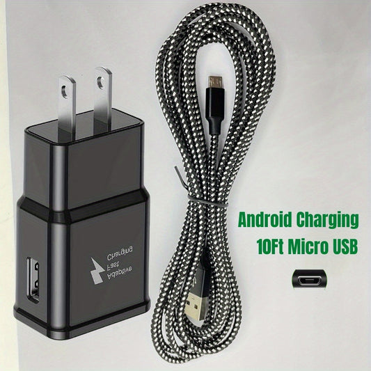 Braided Micro USB Cable 10Ft Long Fast Charging Wall Adapter For Samsung Android