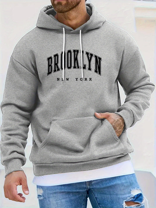 Men's BROOKLYN Creative Print Hoodie, Casual Pullover Sports Sweatshirt, Fashionable Hooded Top