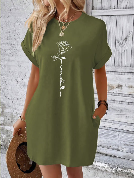 Rose Print Tee Dress, Batwing Sleeve Crew Neck Casual