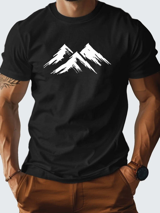 Men's 100% Cotton Mountain Graphic Print T-shirt, Casual Short Sleeve Crew Neck Tee