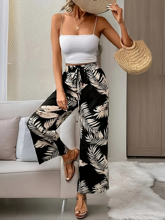 Botanical Print Tie Waist Wide Leg Pants