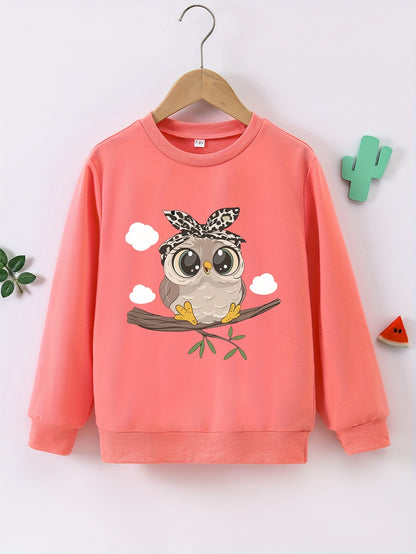 Cartoon Owl Graphic Print Girl's Trendy And Cozy Sweatshirt