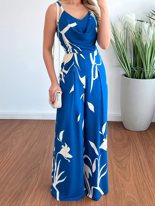 Floral Print Drape Neck Cami Jumpsuit, Vacation Sleeveless Wide Leg Jumpsuit For Spring & Summer