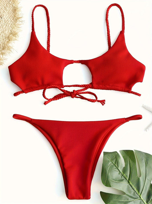 Solid Color Sexy 2 Piece Set Bikini, Spaghetti Straps High Cut Swimsuits, Women's Swimwear & Clothing