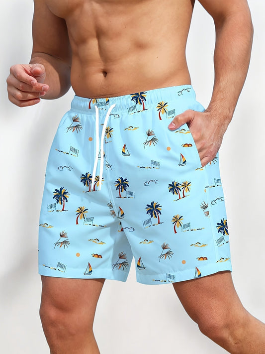 Men's Coconut Trees Graphic Print Shorts With Pockets, Casual Drawstring Shorts For Beach Summer Holiday Swimming Surfing