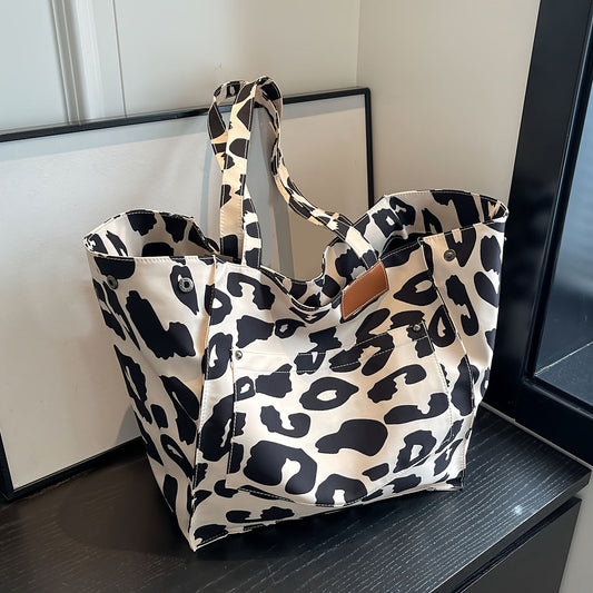 Fashionable Large Capacity Tote Bag For Women, Versatile, Cow pattern pattern random Print Shoulder Bag, High-end Casual Canvas Hobo Bag, Trendy Leopard Print Tote Bag