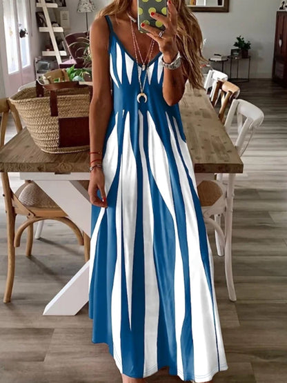 Striped Spaghetti Strap Dress, Elegant V Neck Sleeveless Cami Dress