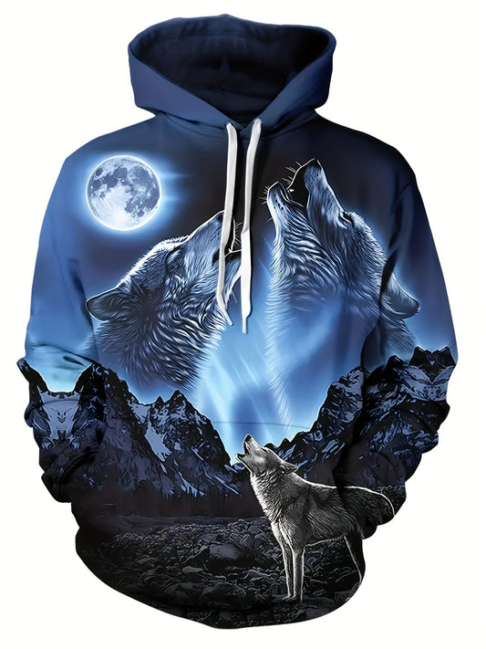 Wolf Moon Print Men's Pullover Round Neck Hoodies With Kangaroo Pocket & Drawstring Long Sleeve Hooded Sweatshirt Loose Casual Top