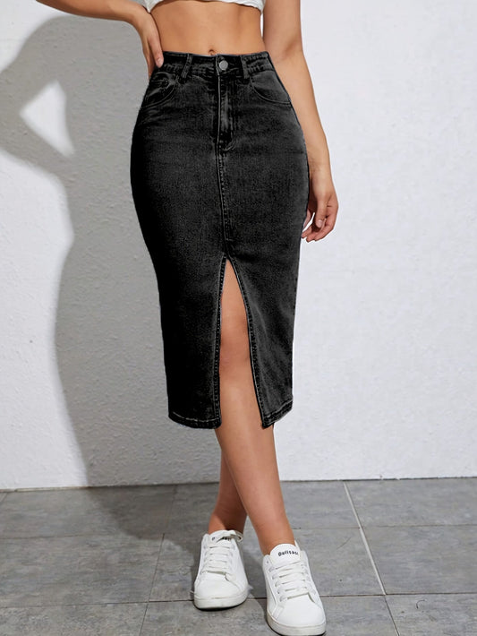 Split Hem Plan Washed Denim Skirt