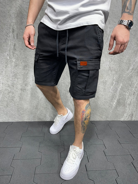 Classic Design Cotton Cargo Shorts, Men's Casual Multi Pocket Waist Drawstring Cargo Shorts