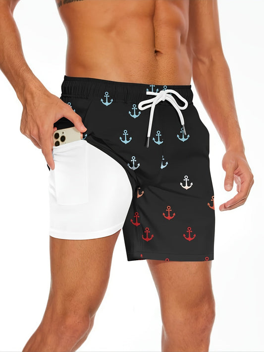 Double-layer Men's Colorful Anchor Pattern Board Shorts, Casual And Trendy Shorts With Drawstring And Pockets, Suitable For Summer Beach Holiday Wear