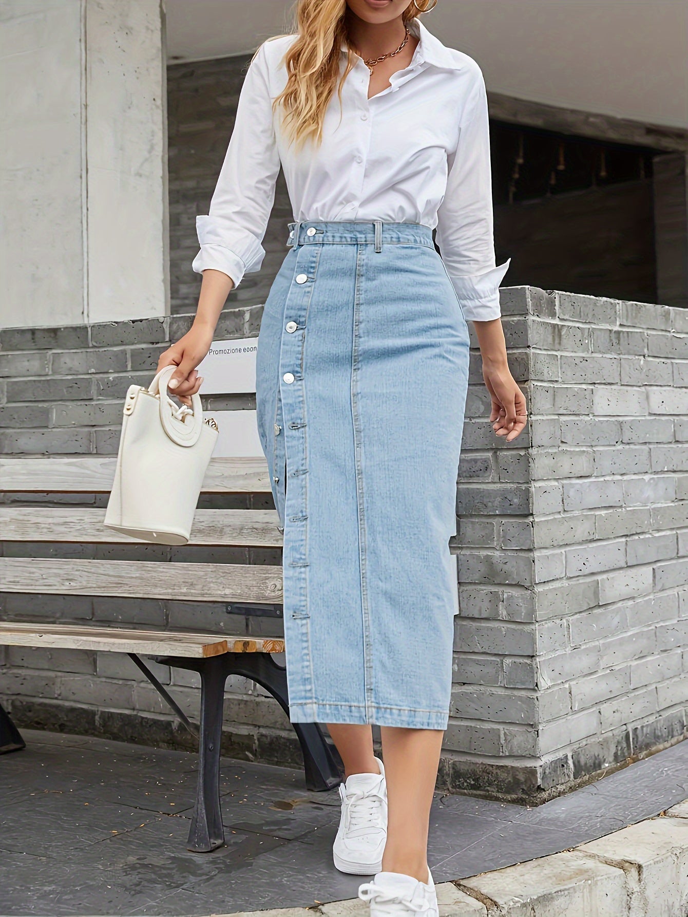 High-Waist Denim Midi Skirt With Single-breasted Front Button Split