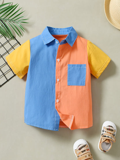 Boys Color Block Short Sleeve Shirts Button Down