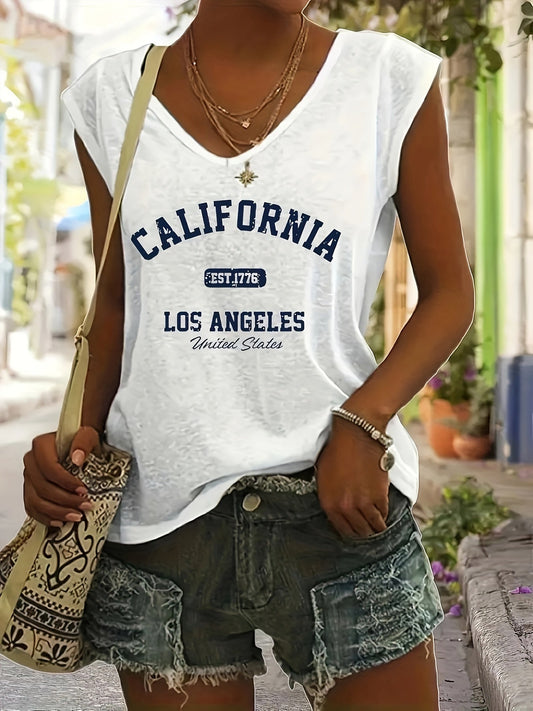 CALIFORNIA Print Cap Sleeve Top, Casual V Neck Top For Summer & Spring, Women's Clothing