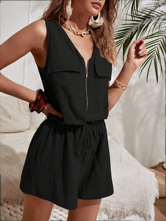 Solid Color Zipper Front Romper Jumpsuit