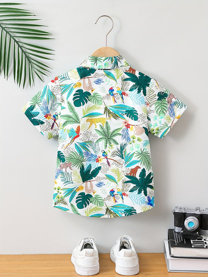 Cartoon Tropical Leaves Print Boys Creative Shirt, Casual Short Sleeve Lapel Shirt Tops