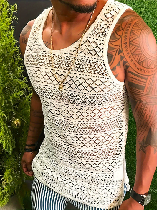 Mens Lace Shirts See Through Vest Crewneck Sleeveless Tank Tops