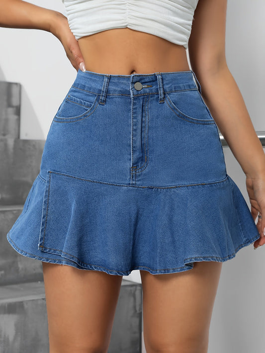 Ruffle Hem Elegant Denim Skirt