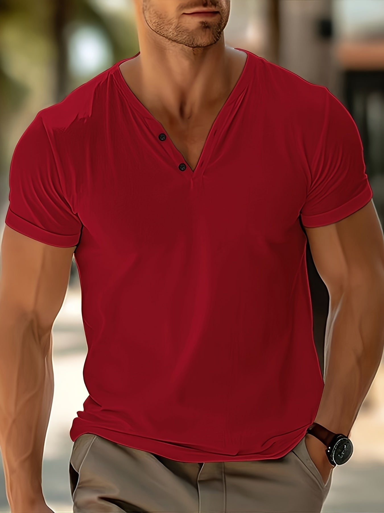 Men's Solid Color Short Sleeve Casual V-neck Shirt