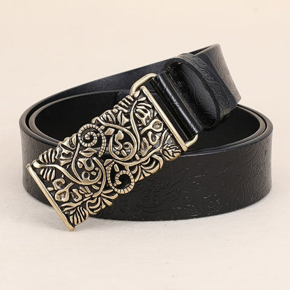 Retro Embossed Cowhide genuine Leather Belt Wide Belts Engraved Square Buckle Women's Leather Pants Jeans Belt