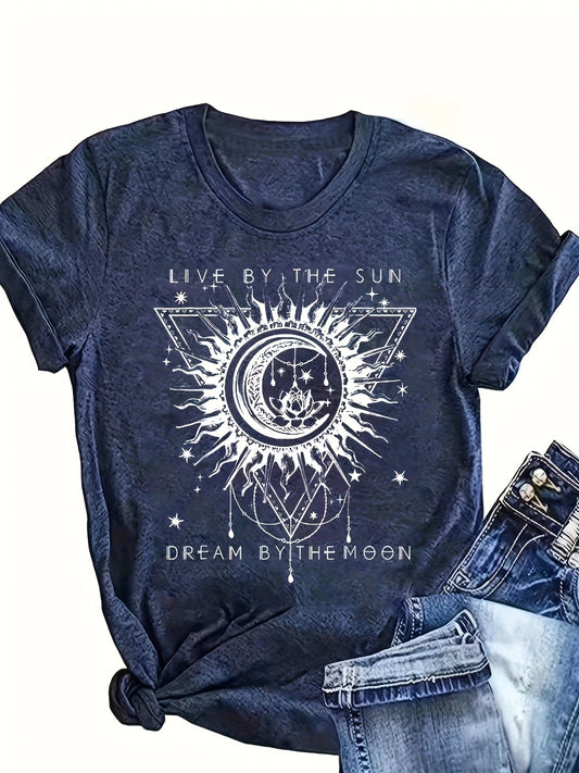 Sun & Moon & Lotus Print T-shirt