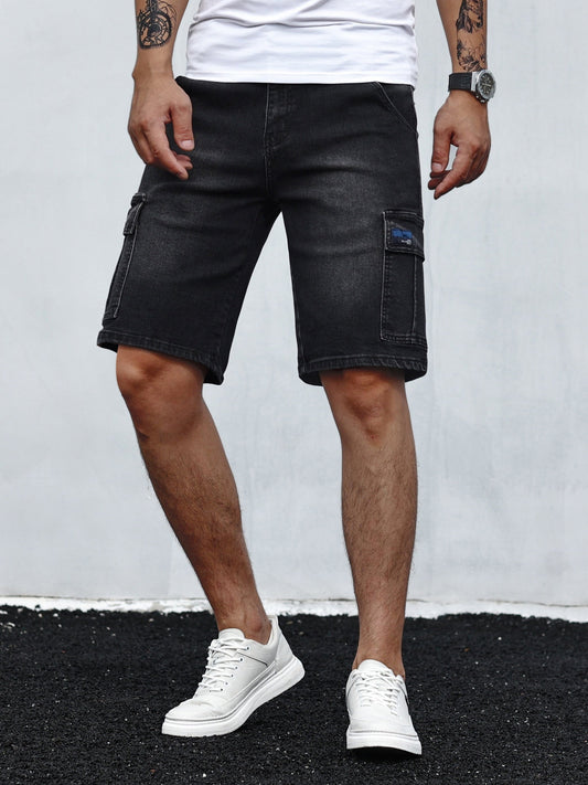 Men's Solid Denim Shorts With Flap Pockets, Casual And Trendy Cargo Shorts