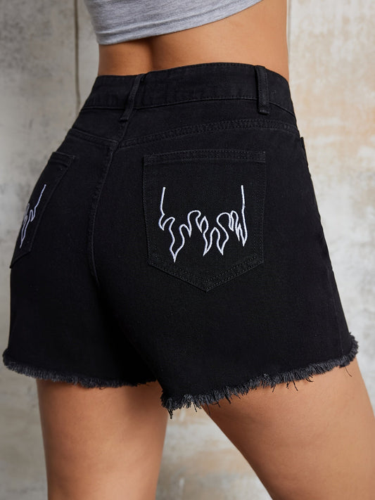 Flame Embroidery Detail Raw Hem Denim Shorts. Make an Impression!