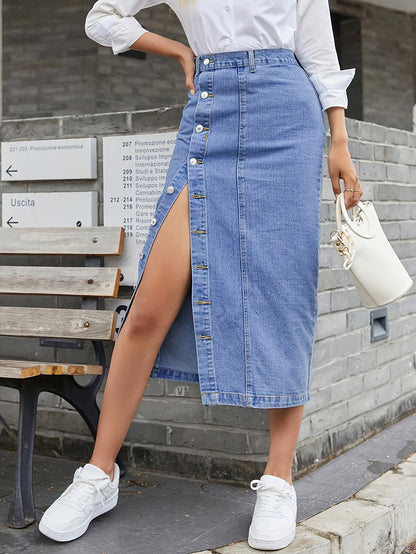 High-Waist Denim Midi Skirt With Single-breasted Front Button Split