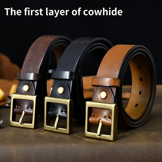 Vintage Style Genuine Top Layer Cowhide Leather Belt with Solid Brass Buckle for Men