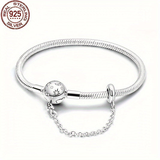 S925 Sterling Silver Starry Full Moon Safety Chain Snake Bone Bracelet