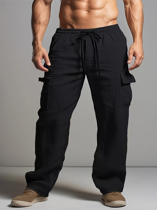 Men's Mid Waist Solid Color Cargo Pants With Dual Flap Pockets And Drawstring