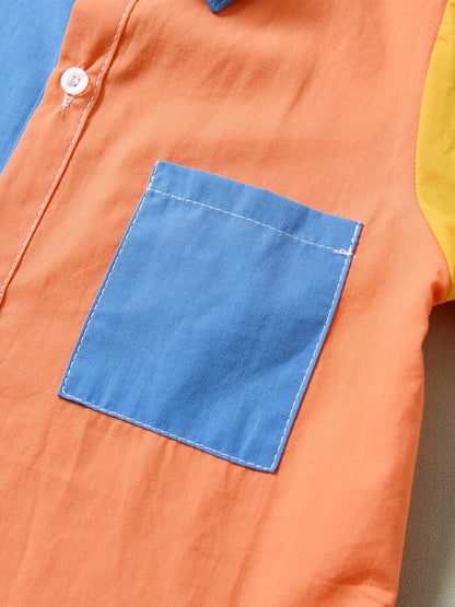 Boys Color Block Short Sleeve Shirts Button Down