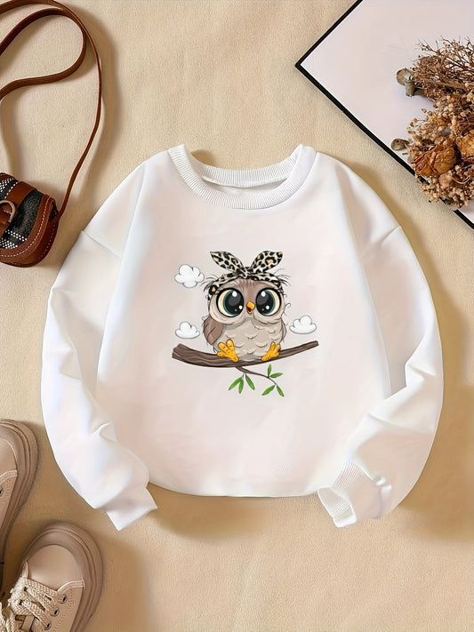 Girls Cute Sweet Owl Print Crew Neck Sweatshirt For Sports Going Out