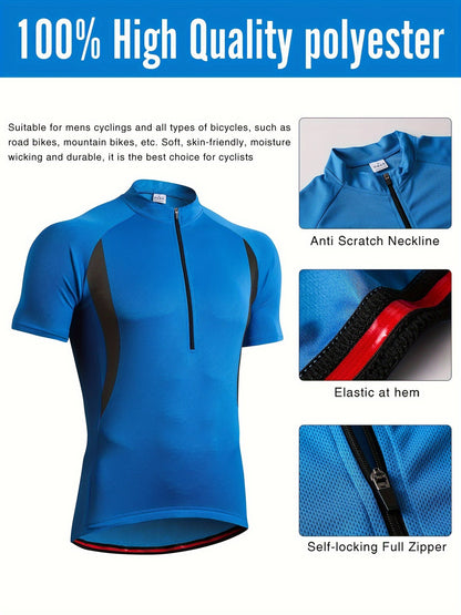 Men's Cycling Short Sleeve Performance Sports Shirt - Moisture-Wicking, Quick-Drying, Breathable, Windproof, Polyester Fabric, Zipper Detail