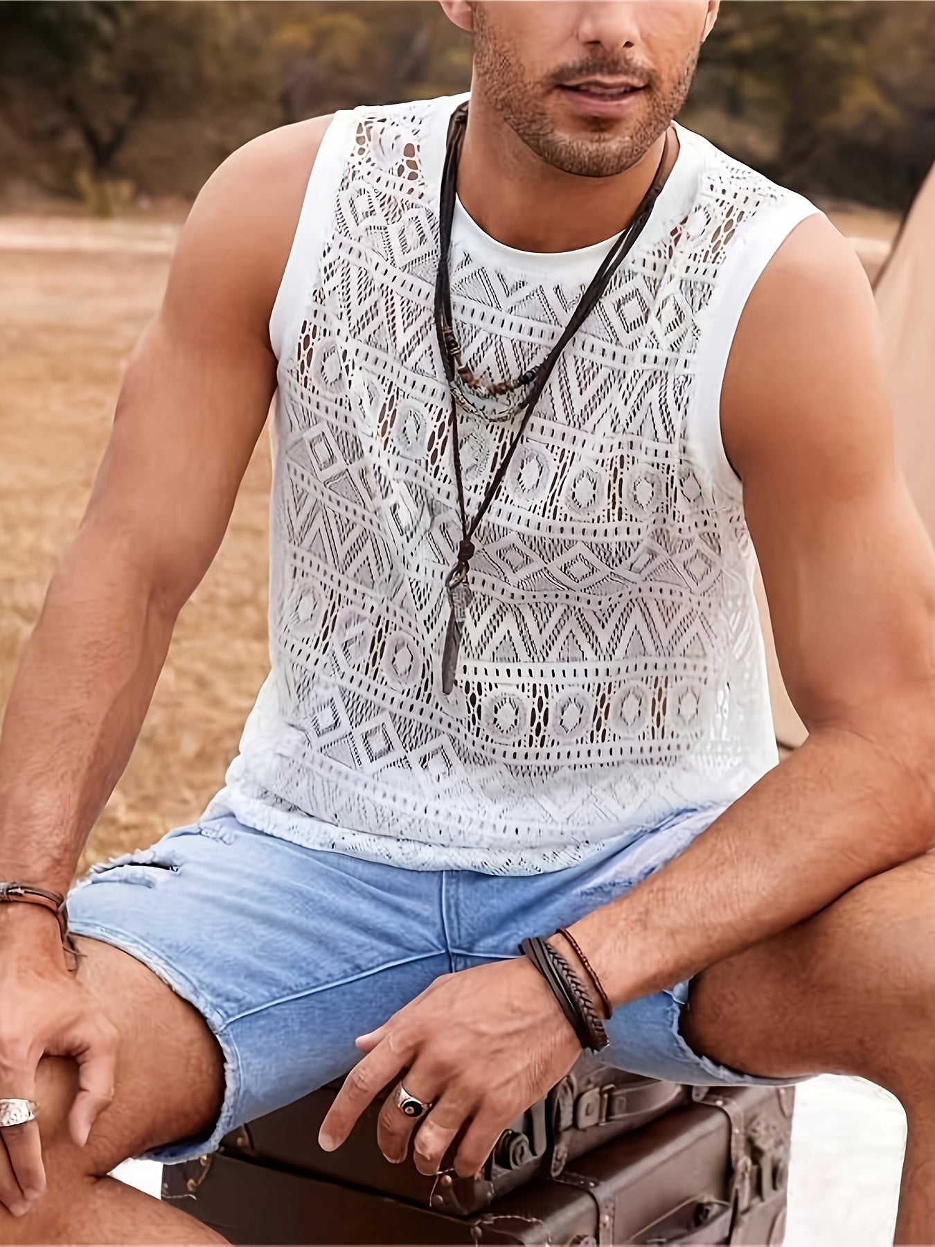 Men's Ethnic Hollow Out Tank Top, Casual Comfy Vest For Summer