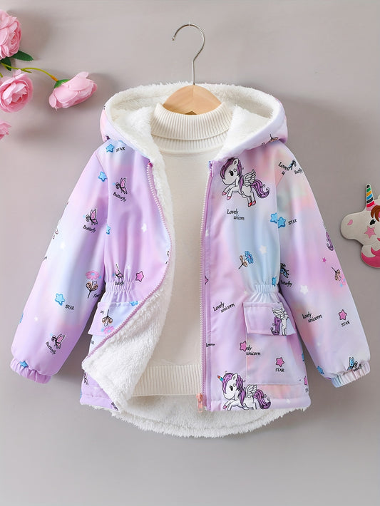 Girls' Teddy Lined Unicorn Ombre Print Zipper Hooded Jacket Coat