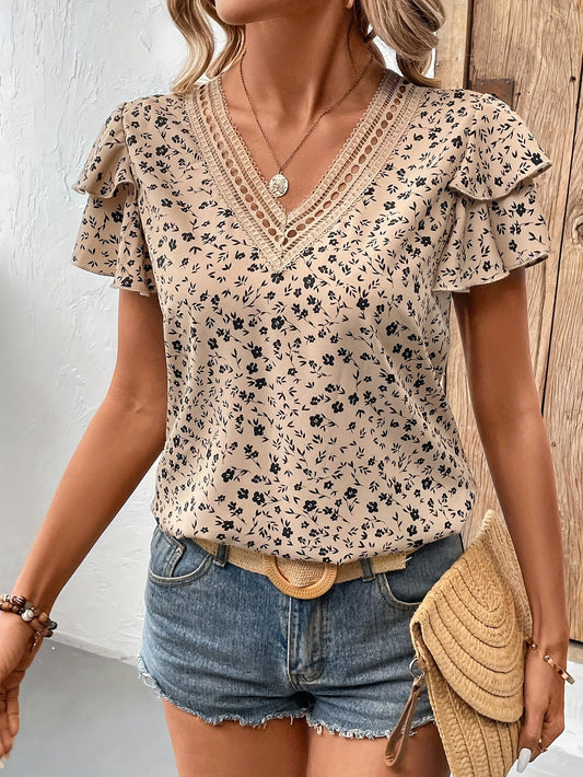 Allover Print V Neck Blouse, Elegant Layered Ruffle Sleeve Top