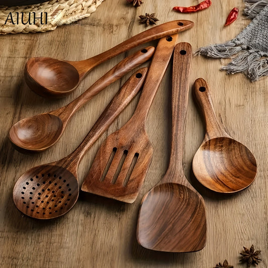 6pcs/set, Wooden Utensil Set, Wooden Spoons For Cooking Set, Wooden Utensils For Cooking, Safety Cooking Utensils Set, Non-Stick Cooking Utensils Set, Wood Spatula Set, Cookware